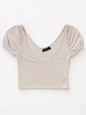Urban Outfitters Beige V-Neck Cropped Puff Sleeve Top